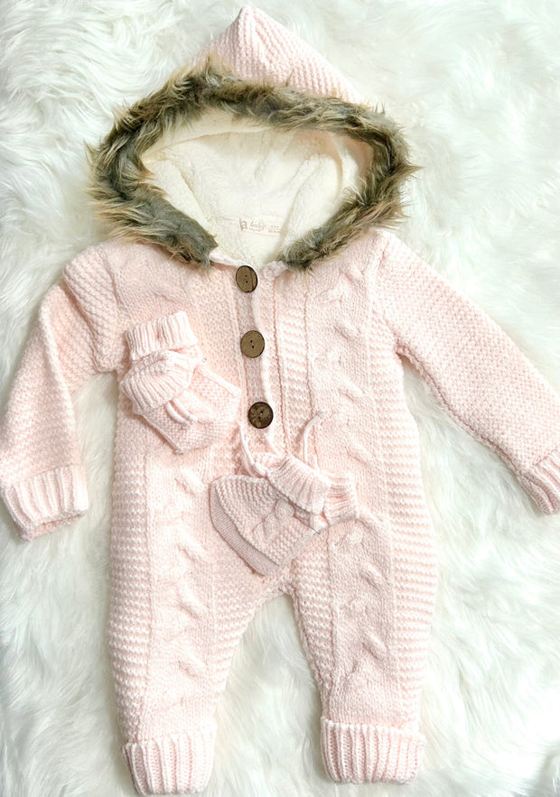 Knitted Baby Jumpsuit With Mittens & Socks