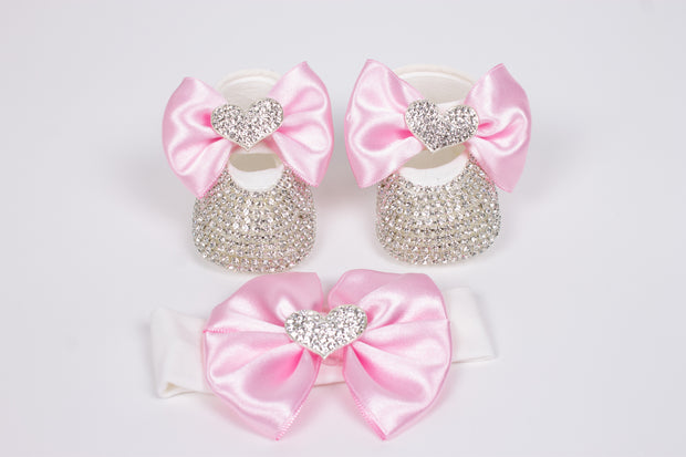 Baby's Silver Heart Shoes with Headband