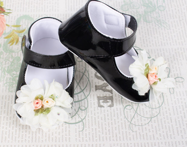 Baby Black Shoes with  Flowers