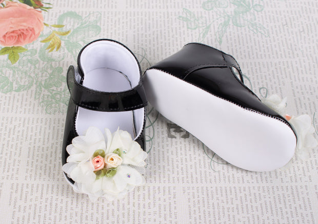 Baby Black Shoes with  Flowers
