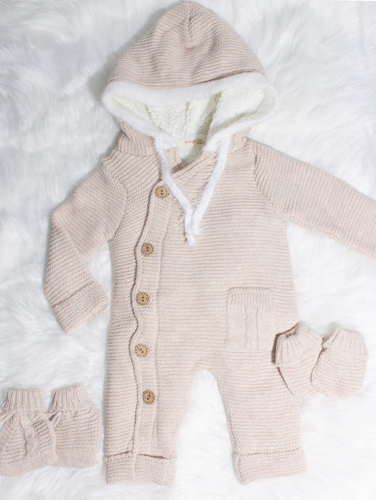 Warm Knitted Hooded Jumpsuit With Mittens & Socks