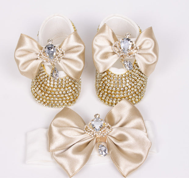 Baby's Beige Crown Shoes with Headband - Elma's Clothing