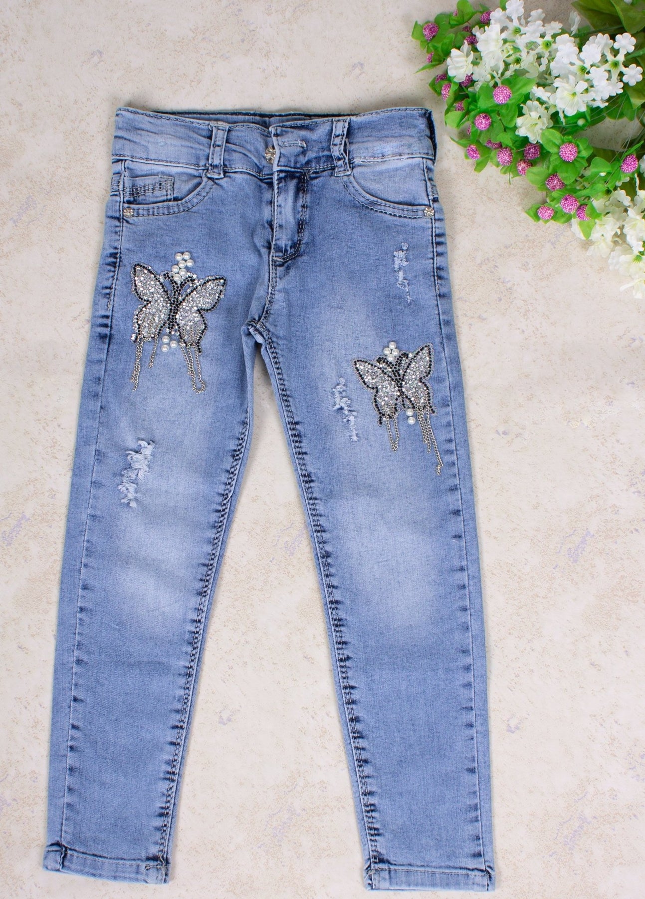 Girls' Blue Butterfly Jeans – Elma's Clothing