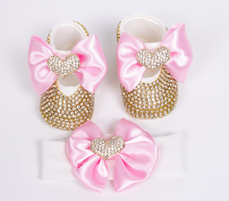 Pink Golden Heart Shoes with Headband - Elma's Clothing